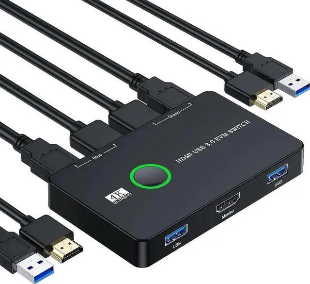 Main image of 2 Port HDMI USB 3.0 KVM Switch Box 4K@60Hz, 2 Computers Share 1 Monitor Keyboard Mouse Printer, Comes with 2 USB Cables & 2 HDMI Cables