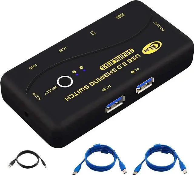 Main image of CKLau Seamless 2-Port USB 3.0 Sharing Switch for 2 PCs, Share Keyboard, Mouse, Printer & Scanner, 2 USB Cables Included