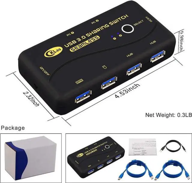 Alt view image 5 of 7 - CKLau Seamless 2-Port USB 3.0 Sharing Switch for 2 PCs, Share Keyboard, Mouse, Printer & Scanner, 2 USB Cables Included