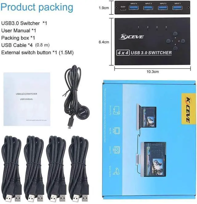 Alt view image 5 of 7 - 4×4 USB 3.0 Sharing Switch, 4 PCs Share 4 Peripherals, 4 USB 3.0 Cables Included