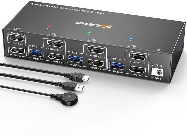 Main image of 3-In-2-Out Dual Monitor HDMI KVM Switch 4K@60Hz, USB 3.0 KVM Switcher with EDID Emulation, 4 USB Ports for 3 PCs Share 2 Displays, Mirror & Extended Mode Supported