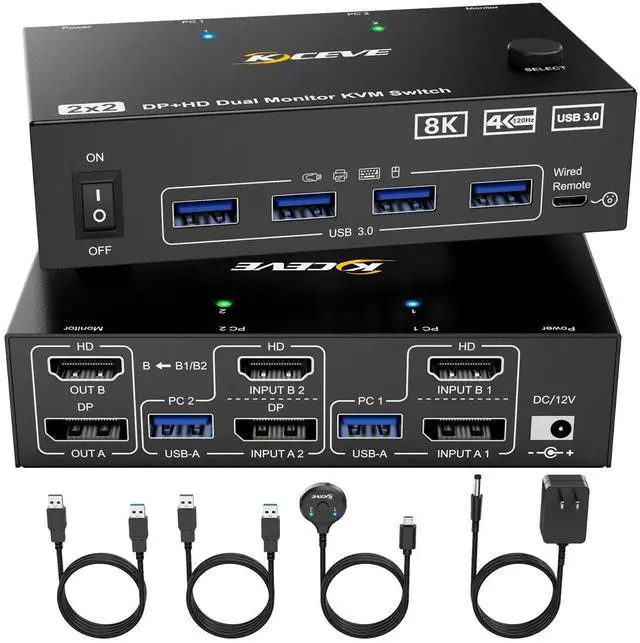 Main image of 2x2 Dual Monitor DP+HDMI KVM Switch 8K@60Hz, USB 3.0 KVM Switcher for 2 PCs Share Dual Displays Keyboard Mouse