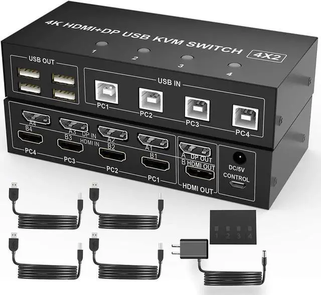 Main image of 4 Port Dual Monitor HDMI+DP Hybrid KVM Switch, 4K@60Hz UHD, Built-in 4-Port USB 2.0 Hub for 4 PCs Share 2 Displays & Keyboard Mouse Peripherals