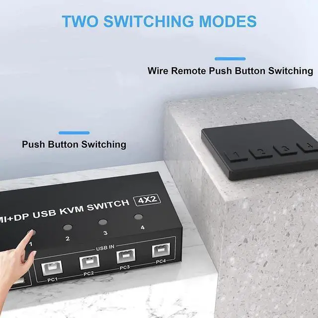 Alt view image 5 of 7 - 4 Port Dual Monitor HDMI+DP Hybrid KVM Switch, 4K@60Hz UHD, Built-in 4-Port USB 2.0 Hub for 4 PCs Share 2 Displays & Keyboard Mouse Peripherals