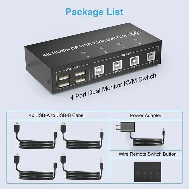 Alt view image 3 of 7 - 4 Port Dual Monitor HDMI+DP Hybrid KVM Switch, 4K@60Hz UHD, Built-in 4-Port USB 2.0 Hub for 4 PCs Share 2 Displays & Keyboard Mouse Peripherals