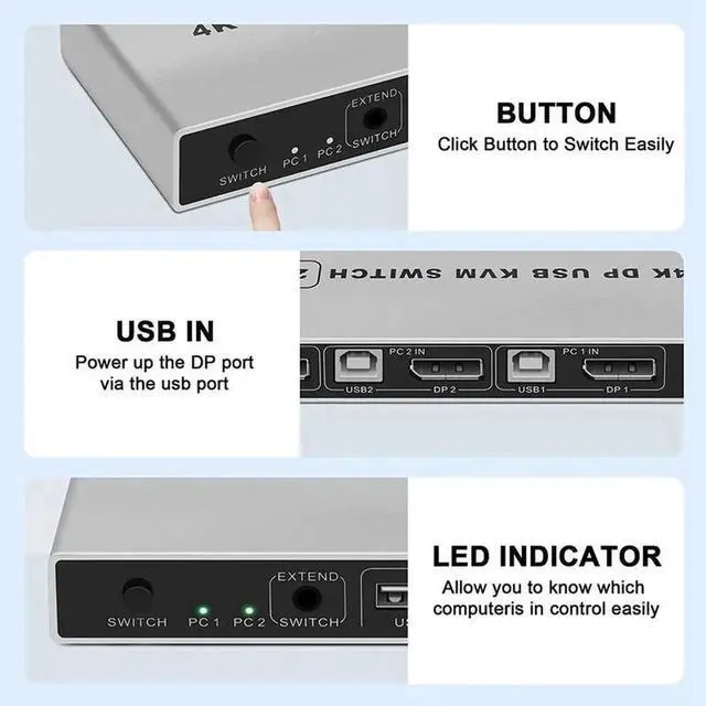 Alt view image 2 of 6 - 2 Port 2 In 1 Out DP 1.4 KVM Switch 8K@60Hz / 4K@60Hz, Built-in USB Hub for Keyboard Mouse Printer, USB Power Cable Included
