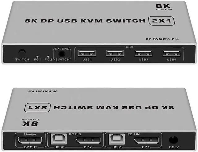 Alt view image 6 of 6 - 2 Port 2 In 1 Out DP 1.4 KVM Switch 8K@60Hz / 4K@60Hz, Built-in USB Hub for Keyboard Mouse Printer, USB Power Cable Included
