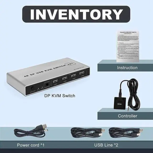 Alt view image 3 of 6 - 2 Port 2 In 1 Out DP 1.4 KVM Switch 8K@60Hz / 4K@60Hz, Built-in USB Hub for Keyboard Mouse Printer, USB Power Cable Included