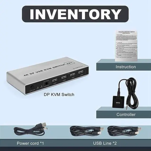 Alt view image 5 of 6 - 2 Port 2 In 1 Out DP 1.4 KVM Switch 4K@60Hz, USB Sharing for Keyboard, Mouse & Printer, USB Power Cable Included