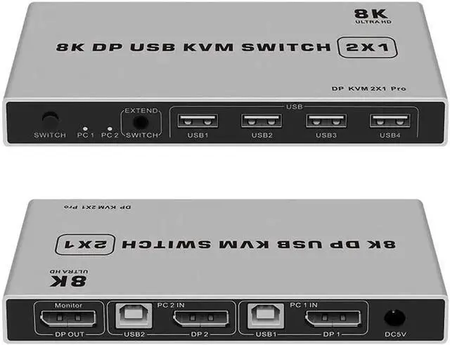 Alt view image 3 of 6 - 2 Port DP 1.4 KVM Switch 2 In 1 Out 4K@60Hz, USB Sharing for Keyboard Mouse Printer, USB Power Cable Included