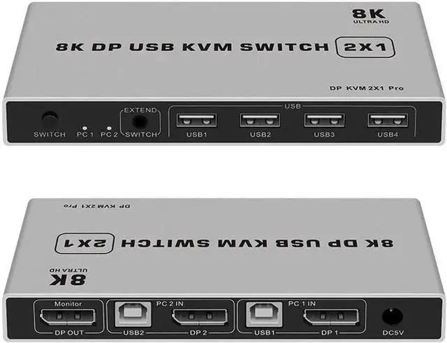Alt view image 3 of 6 - 2 Port DP 1.4 KVM Switch 2 In 1 Out, 8K@60Hz & 4K@60Hz Supported, USB Sharing for Keyboard Mouse Printer, USB Power Cable Included