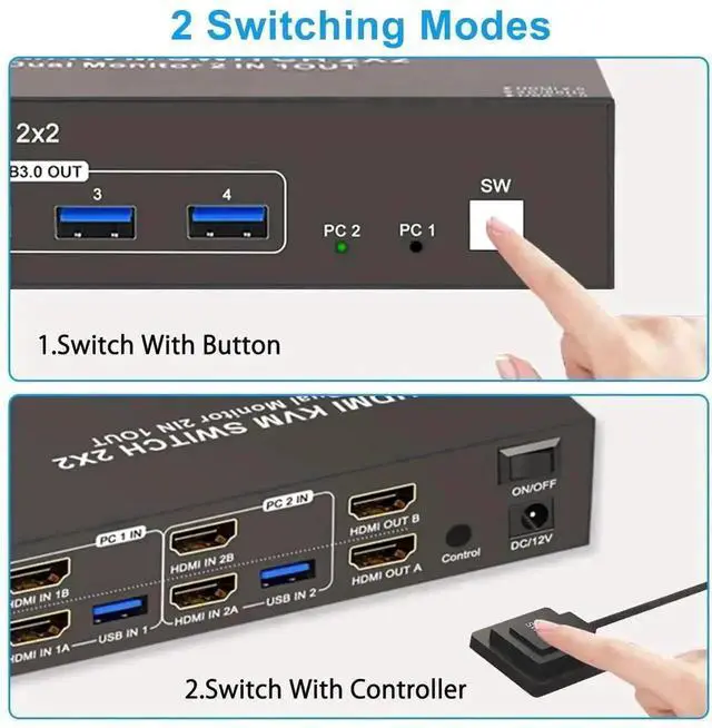 Alt view image 2 of 7 - 2 Port 2×2 Dual Monitor HDMI USB 3.0 KVM Switch 4K@60Hz, 4 USB Ports, Support Extended & Mirrored Display Modes for 2 PCs