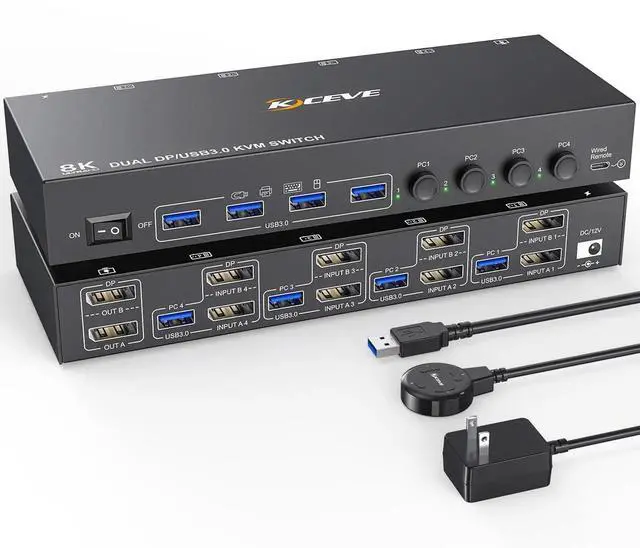 Main image of 4-Port Dual Monitor DP USB 3.0 KVM Switch 4K@60Hz, 4 DP PCs Share 2 DP Monitors, Keyboard & Mouse