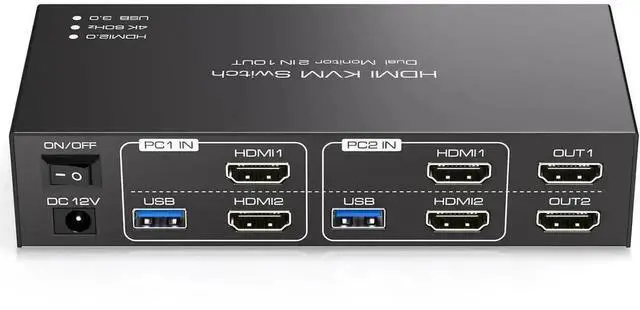 Main image of 2×2 Dual Monitor HDMI USB 3.0 KVM Switch 4K@60Hz, Support Extended & Mirrored Modes, 4 USB3.0 Ports, DC 12V Power Adapter & Wired Controller Included for 2 PCs