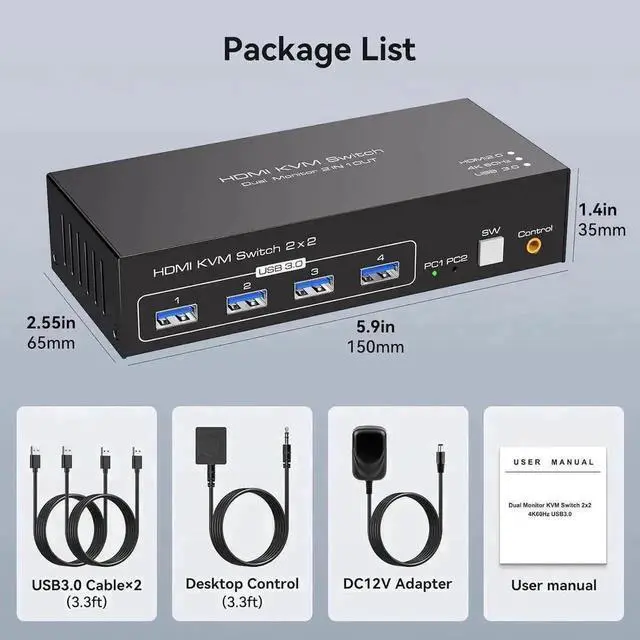 Alt view image 2 of 7 - 2×2 Dual Monitor HDMI USB 3.0 KVM Switch 4K@60Hz, Support Extended & Mirrored Modes, 4 USB3.0 Ports, DC 12V Power Adapter & Wired Controller Included for 2 PCs