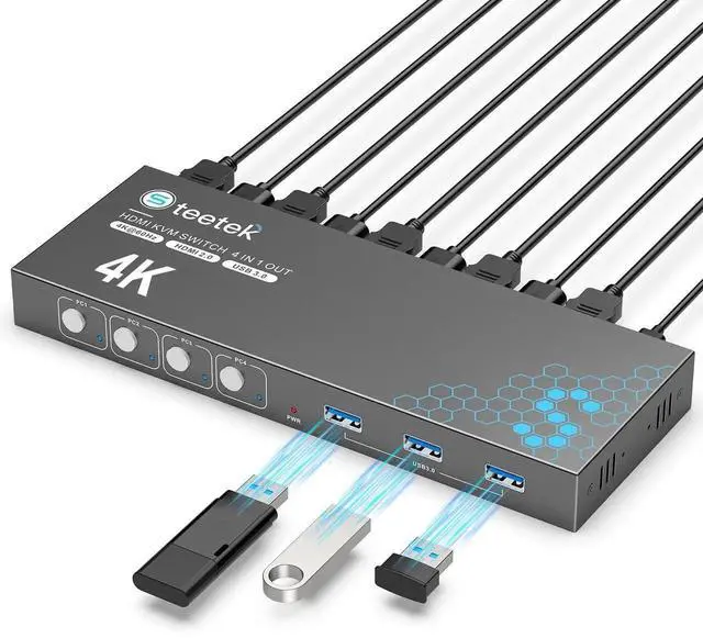 Main image of 4 Port USB 3.0 HDMI KVM Switch 4K@60Hz EDID Adaptive, 4 PCs Share 1 Monitor Keyboard Mouse Printer HDD, with 1 HDMI & 4 USB Cables