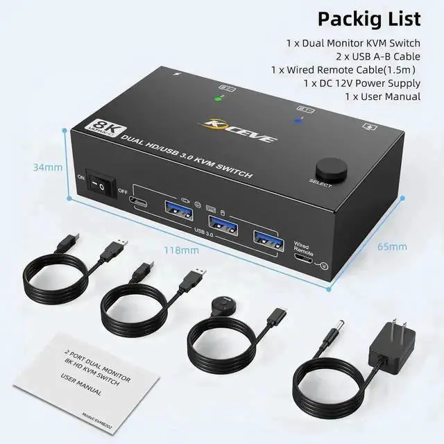 Alt view image 6 of 7 - 2 Port Dual Monitor HDMI KVM Switch, 8K@60Hz 4K@120Hz USB3.0 KVM Switcher with Wired Remote & Power Adapter for 2 PCs Share 2 Displays & 4 USB 3.0 Devices, Support Extend & Mirror Mode
