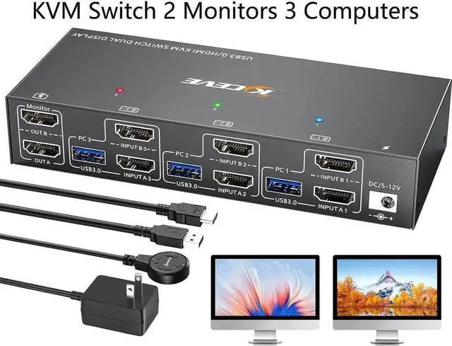 Main image of 3 Port Dual HDMI USB 3.0 KVM Switch 4K@60Hz, Dual Monitor KVM Switcher with 4 USB Ports, Wired Remote, Power Adapter & USB3.0 Cables for 3 PCs Share 2 Displays