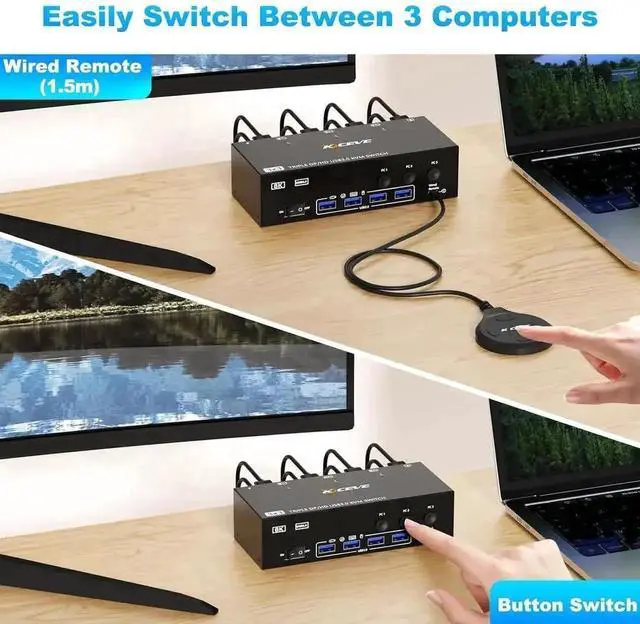Alt view image 3 of 7 - 3-Port HDMI+DP Dual Monitor KVM Switch, 8K@60Hz 4K@144Hz, 4 USB3.0 Ports, Wired Remote, Power Adapter & USB Cable Included