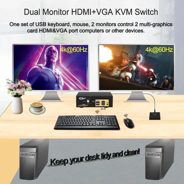 Alt view image 4 of 7 - CKL 2-Port Dual Monitor KVM Switch (HDMI+VGA), 4K for 2 PCs 2 Displays