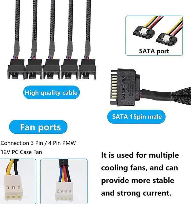 Alt view image 4 of 4 - SATA to 3 Pin 4 Pin Fan Sleeved Power Splitter Cable Adapter,15Pin SATA to 5 x TX3 / TX4 (PWM) 12V PC Case Fan Cooler Y Splitter Power Extension Cord - 10 Inch,Black
