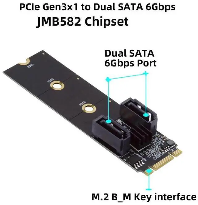 Alt view image 4 of 7 - JMB582 M.2 B+M Key PCIe to Dual SATA 3.0 6Gbps Vertical Adapter, Fits 2230/2242/2260/2280 SSD Slots