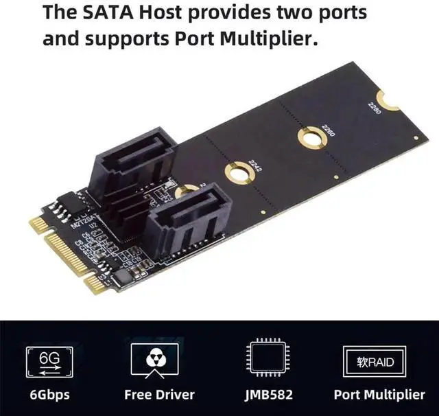 Alt view image 3 of 7 - JMB582 M.2 B+M Key PCIe to Dual SATA 3.0 6Gbps Vertical Adapter, Fits 2230/2242/2260/2280 SSD Slots