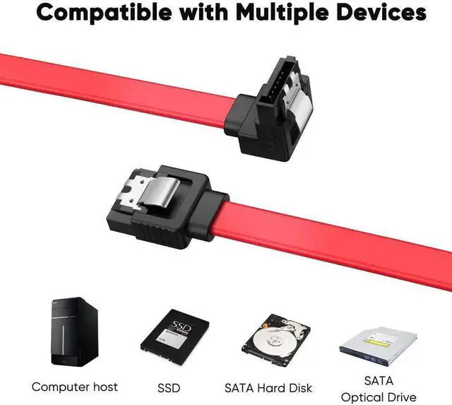 Alt view image 6 of 7 - 2-Pack Red 8 Inch SATA III 6Gbps 7Pin Downward Right Angle Female to Female Data Cable with Locking Latch for 2.5" SSD & 3.5" HDD
