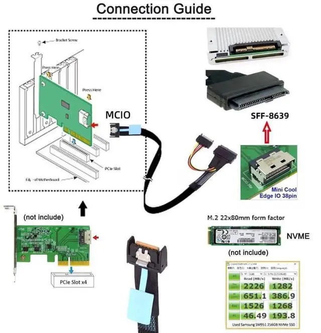 Alt view image 3 of 7 - PCIe 5.0 MCIO 4X 38Pin SFF-TA-1016 to U.2 SFF-8639 NVMe SSD Cable with SATA 15Pin Power, 0.5M Internal Server Storage Cable