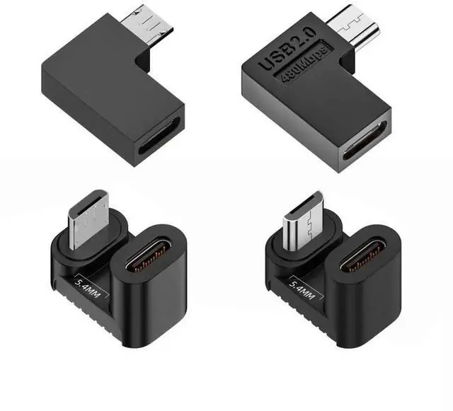Main image of 4 Pack Angled Micro USB 2.0 Male to USB-C Female Adapter, 90° & 180° Right Angle Converter Connector for Micro USB Devices