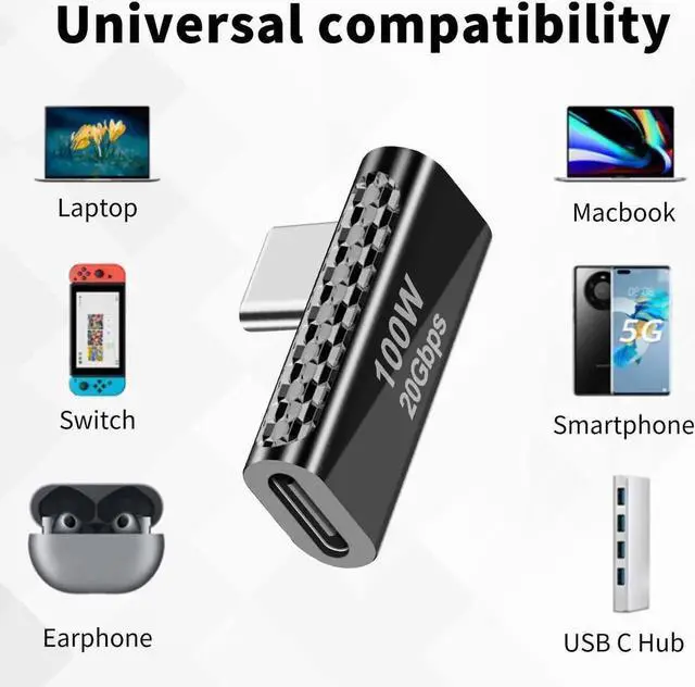 Alt view image 6 of 7 - 20Gbps USB C Right Angle Adapter 90 Degree USB-C Male to Female Converter, PD 100W Fast Charging Type C Elbow Connector Compatible with MacBook Pro, iPad Pro, Tablets & Phones, 1 Pack