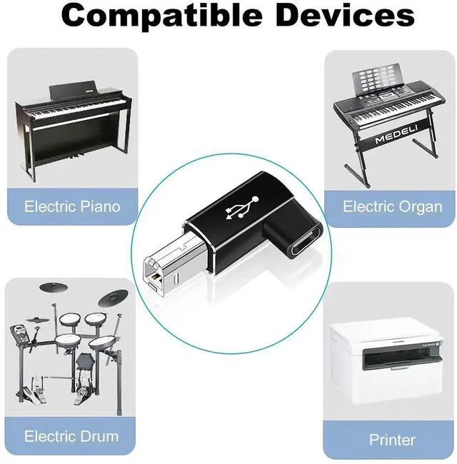 Alt view image 4 of 4 - 2 Pack 90 Degree Right Angle USB B Male to USB C Female Adapter, Type C to MIDI Converter Compatible with Printer, Digital Piano, Laptop & All USB-C Devices