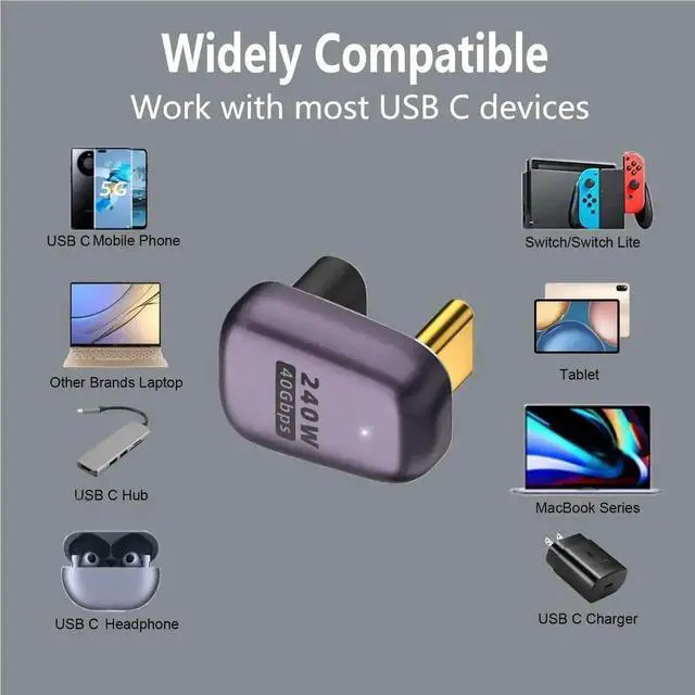 Alt view image 2 of 7 - 2 Pack 180 Degree Flat USB C Adapter, Full Function Type-C Male to Female Extender Support 40Gbps Data, PD 240W Charging & 8K@60Hz Video Output
