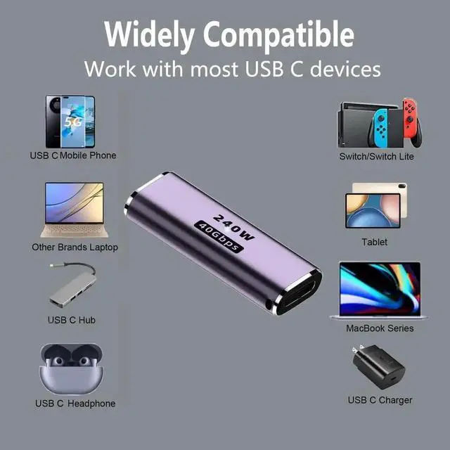 Alt view image 4 of 5 - 2 Pack Straight Elbow 90 Degree USB-C Right Angle Adapter, Support 40Gbps Data, 240W PD Fast Charging, 8K@60Hz Video Output for All Type-C Devices