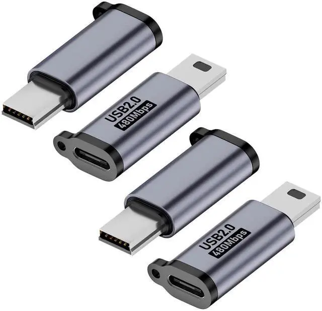 Main image of 4 Pack Grey USB Type C Female to Mini USB Male Adapter, USB 2.0 Mini USB Converter Connector for Digital Camera, MP3, Dash Cam, GPS Receiver & More