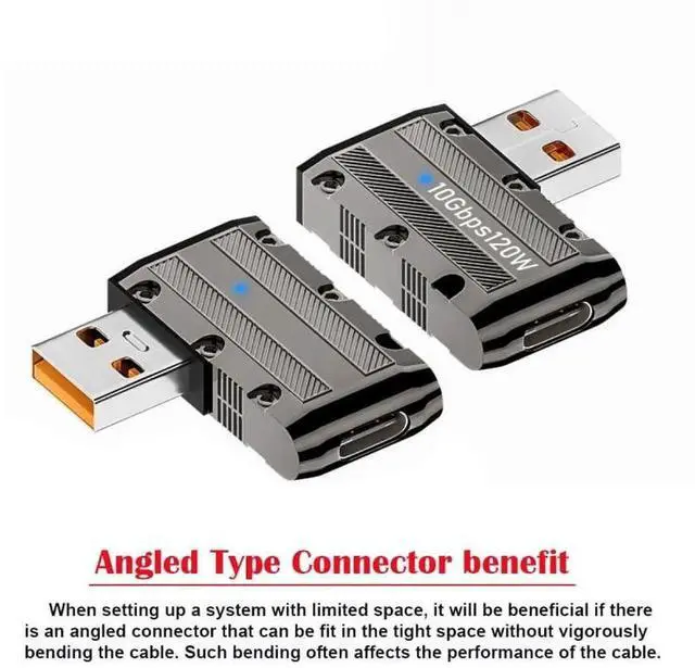 Alt view image 3 of 7 - Flat Left 90 Degree Mecha Cyberpunk USB 3.1 Gen2 Adapter, USB-A Male to USB-C Female Low Profile Elbow Connector, 10Gbps Data Transfer & 120W PD Fast Charging Converter