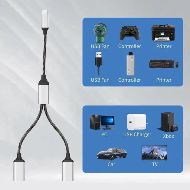 Alt view image 5 of 6 - 20CM USB 3.0 Type-C Male to Dual USB-A Female OTG Y Splitter Cable, 1-to-2 Multiport Hub Converter for Laptops, PCs, Vehicles & USB-C Devices