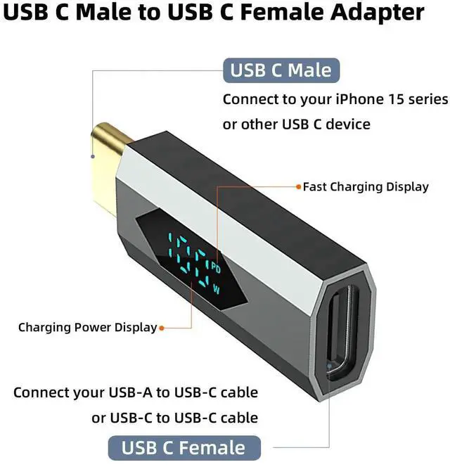 Alt view image 3 of 6 - 2 Pack Digital Display USB-C Male to Female Adapter, 100W PD Type-C Power Meter Tester with LED Wattage Screen Compatible with iPhone 15 Series, iPad Air/Pro, MacBook, All USB-C Devices, Grey