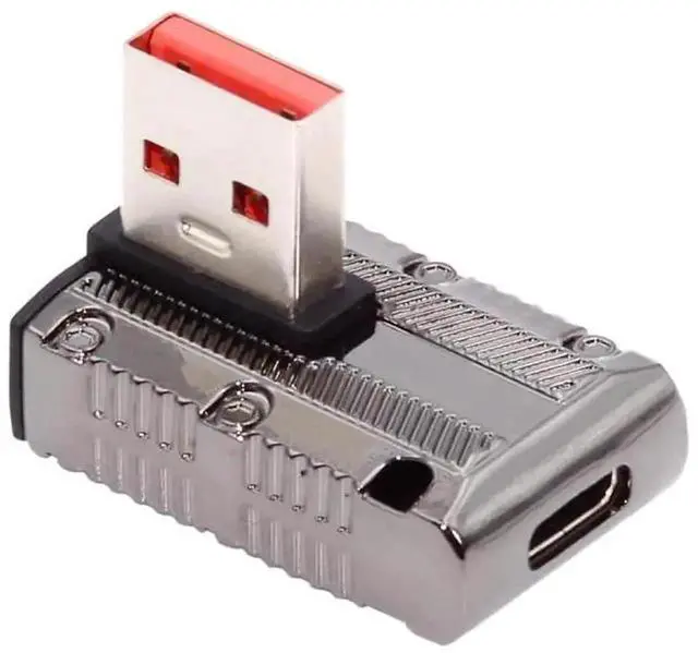 Main image of 90 Degree Low Profile USB 3.1 USB-C Female to USB 3.0 Type-A Male Adapter, 10Gbps Data & 120W Fast Charging Elbow Connector, Mecha Cyberpunk Style