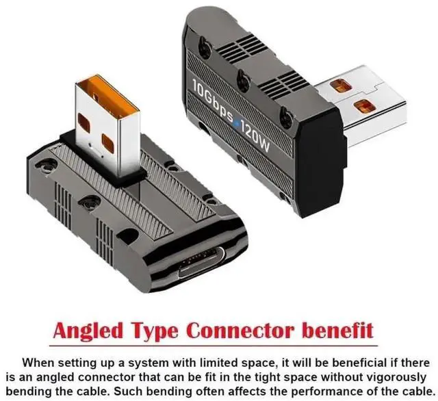 Alt view image 7 of 7 - 90 Degree Low Profile USB 3.1 USB-C Female to USB 3.0 Type-A Male Adapter, 10Gbps Data & 120W Fast Charging Elbow Connector, Mecha Cyberpunk Style