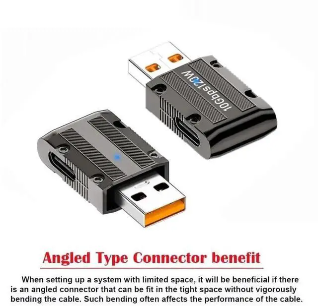 Alt view image 6 of 7 - Slim 90 Degree Right Angled USB 3.1 Type-C Female to USB 3.0 Type-A Male Adapter, 10Gbps Data Transfer 120W Power Pass Through Connector, Mecha Cyberpunk Appearance