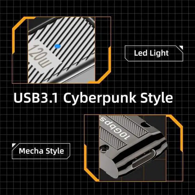 Alt view image 2 of 7 - Slim 90 Degree Left Angled USB 3.1 Type-C Female to USB 3.0 Type-A Male Adapter, 10Gbps Data Transfer & 120W Power Pass Through Connector, Mecha Cyberpunk Styling