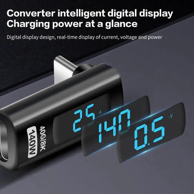Alt view image 2 of 7 - 90 Degree L-Shaped USB-C Male to Female Adapter with LED Digital Display, 140W PD Fast Charging & 40Gbps Data Transfer, Real-Time Voltage Current Power Tester Detector