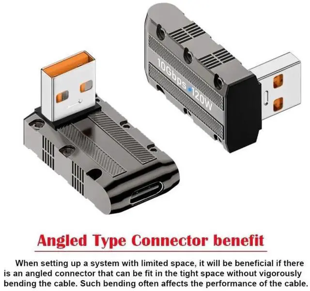 Alt view image 3 of 7 - Low Profile 90 Degree Up Angled USB 3.1 Type-C Female to USB 3.0 Type-A Male Adapter, 10Gbps Data Transfer & 120W Power Pass Through Connector, Mecha Cyberpunk Style