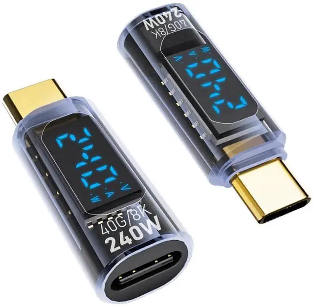 Main image of 2 Pack 240W USB-C Male to Female Adapter with LED Digital Display, Real-Time Voltage Current Power Monitor Connector for iPhone 15/16 Series, iPad Air/Pro, MacBook All USB-C Devices