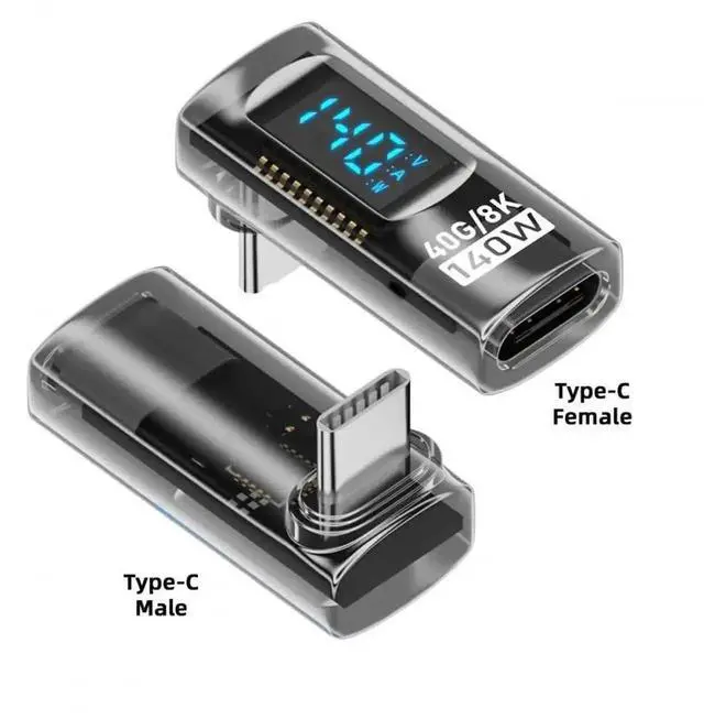 Alt view image 5 of 6 - Transparent USB4.0 90 Degree Up & Down Angled USB-C Male to Female Extension Adapter, Smart LED Digital Display Real-Time Voltage Current Monitor, 40Gbps Data 140W PD Fast Charging Type-C Elbow Connec