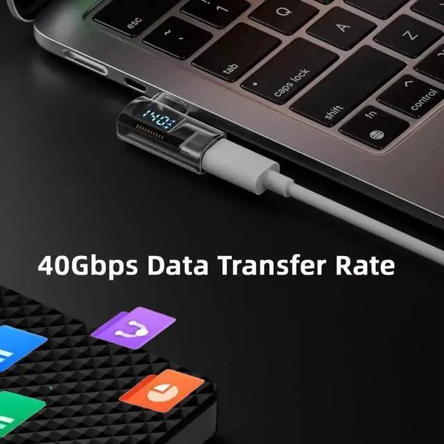 Alt view image 3 of 7 - Transparent 90 Degree Left & Right Angled USB-C Male to Female Extension Adapter, USB4.0 40Gbps 140W PD Fast Charging with Smart LED Digital Screen Real-Time Voltage Current Power Monitor Tester