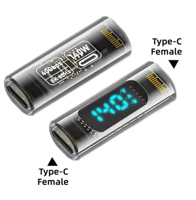 Alt view image 3 of 7 - Transparent USB-C Female to Female Coupler Adapter with Smart LED Power Tester Detector, USB4.0 40Gbps 140W PD Fast Charging Extension Connector Real-Time Voltage Current Wattage Monitor