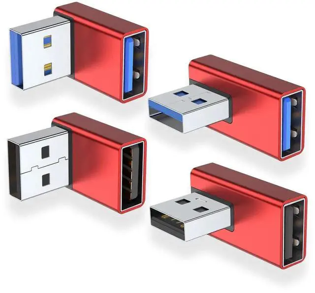 Main image of 4 Pack 90 Degree USB 3.0 Male to Female Adapter, Up/Down/Left/Right Angled USB A Extender Converter, Compatible with PC, Laptop, Power Bank, USB Chargers, Red