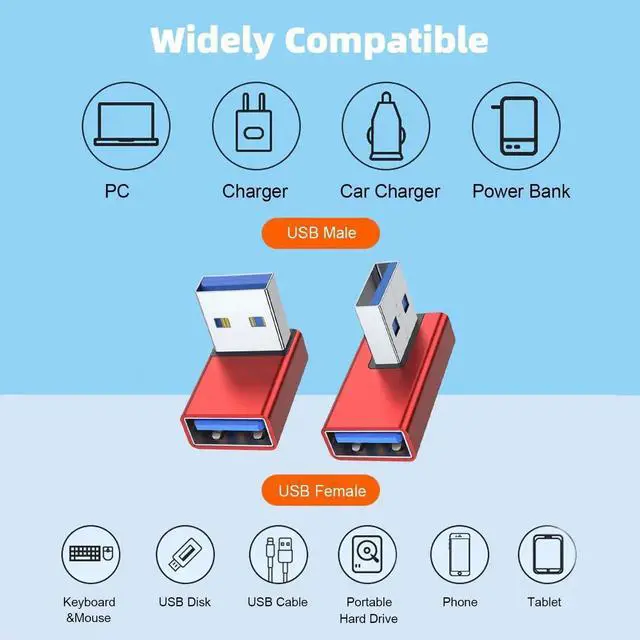 Alt view image 7 of 7 - 4 Pack 90 Degree USB 3.0 Male to Female Adapter, Up/Down/Left/Right Angled USB A Extender Converter, Compatible with PC, Laptop, Power Bank, USB Chargers, Red